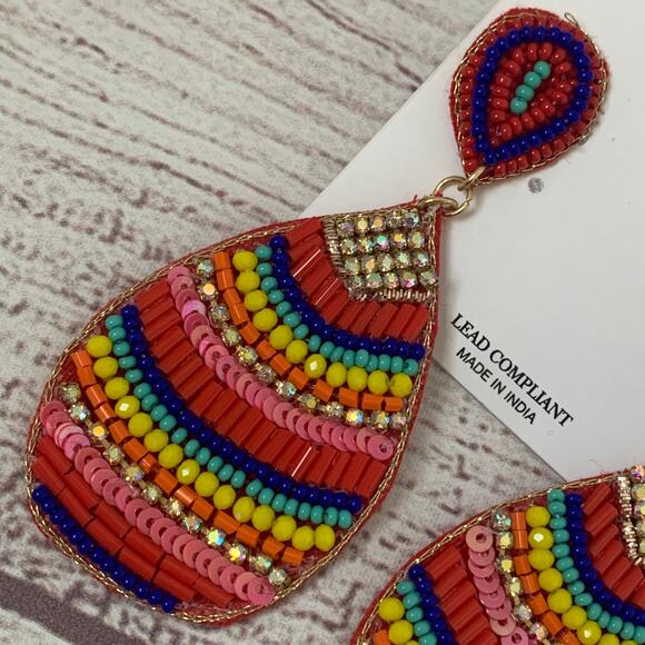 Natasha Multi-Color Beaded Dangle Earrings Striped Felt Back Post Push Back - Picture 4 of 16